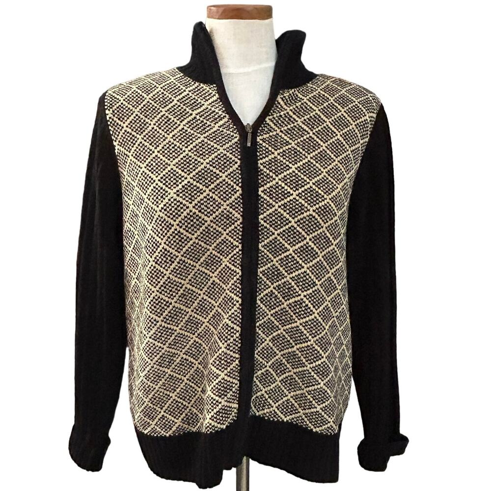 Karen Scott Diamond Knit Full Zip Sweater M Black Cream Colorblock Cozy Warm